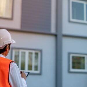 Home inspector looking at a house from the outside during a full home inspection in Broward County, Florida